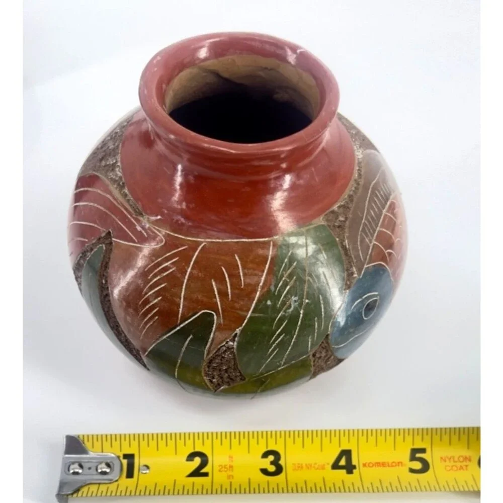 Nicaraguan Small Vase Carved Pottery Ceramic Central American Fish Theme Deco